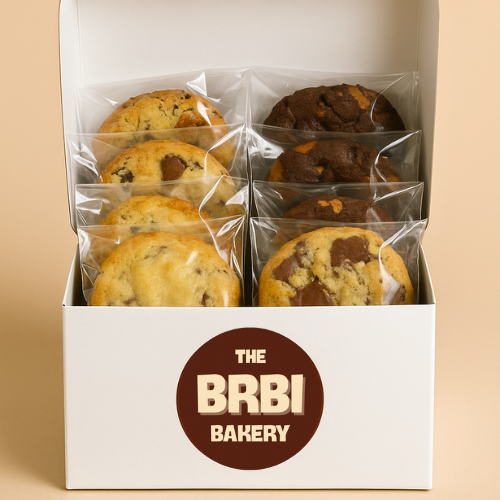 Box of cookies from The BRBI Bakery on a beige background